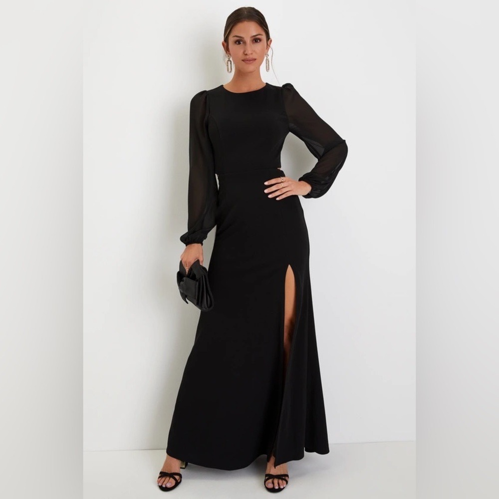 🆕 Lulu's Garden Bliss Black Cutout Long Sheer Baloon Sleeves Mermaid Maxi Dress